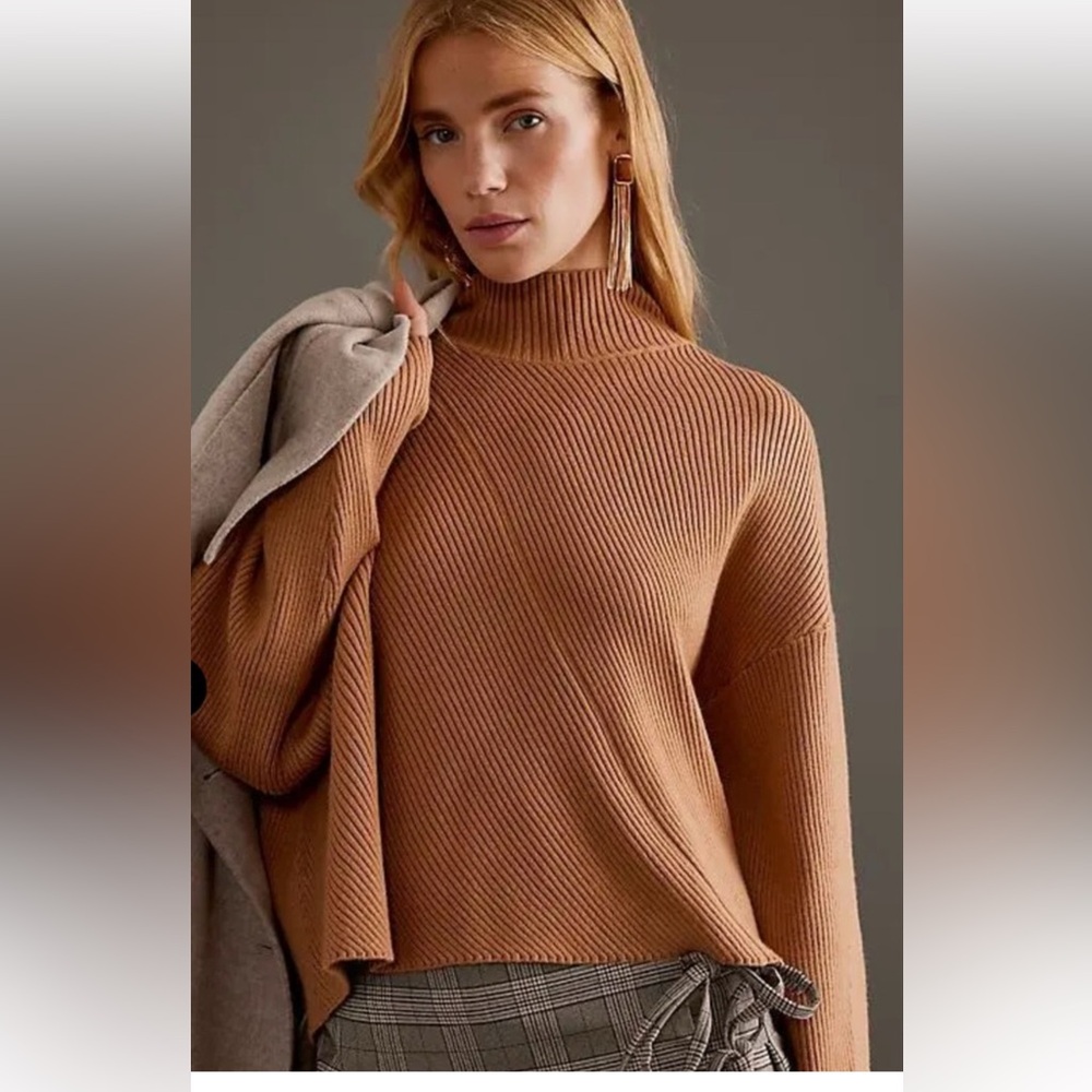 Maeve Camel Ribbed Turtleneck Sweater